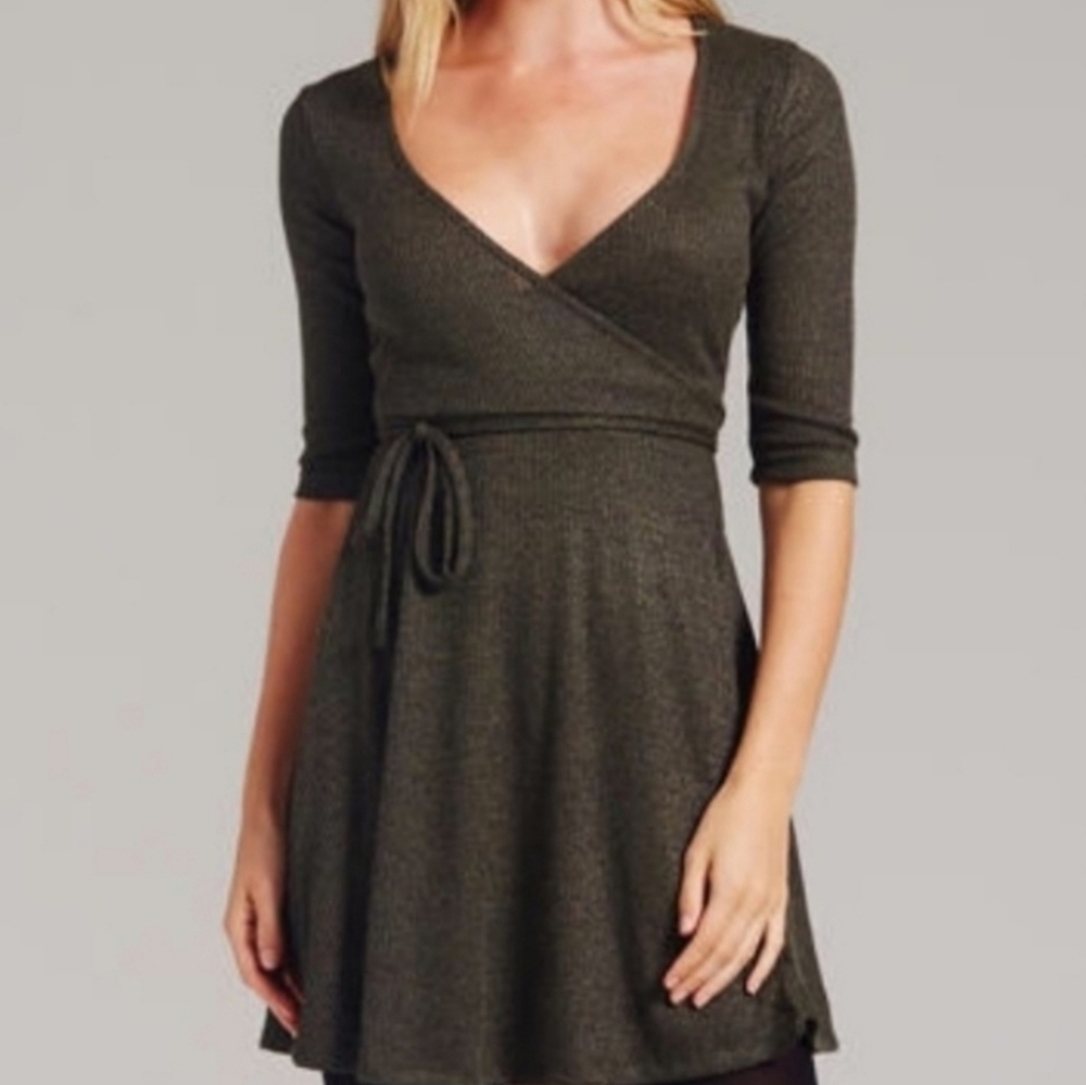 Khaki Stretch Ribbed Wrap Mini Dress